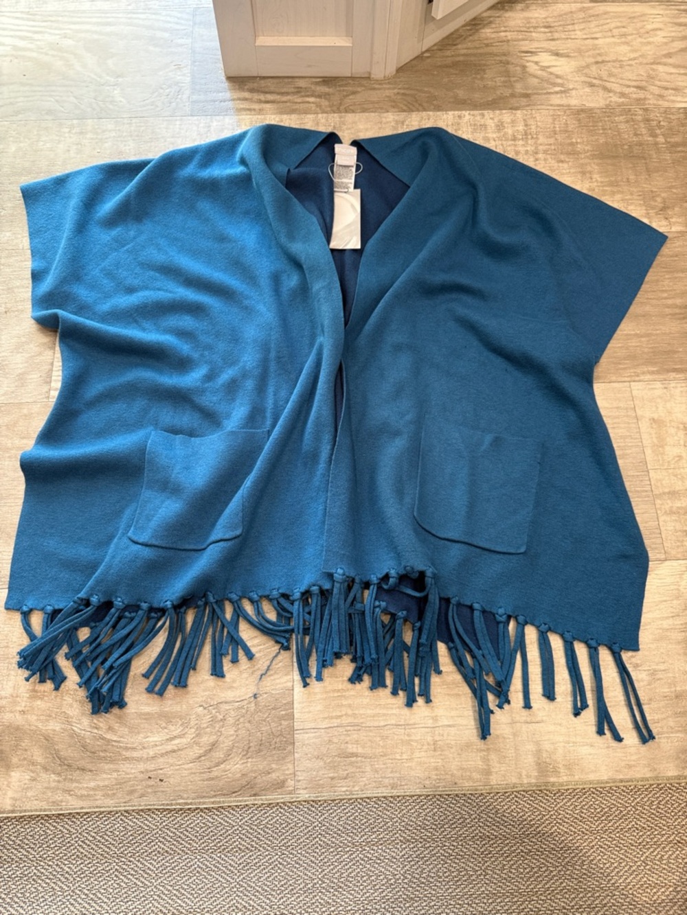 Chico's Teal Blue Fringe Open-Front Poncho Shrug